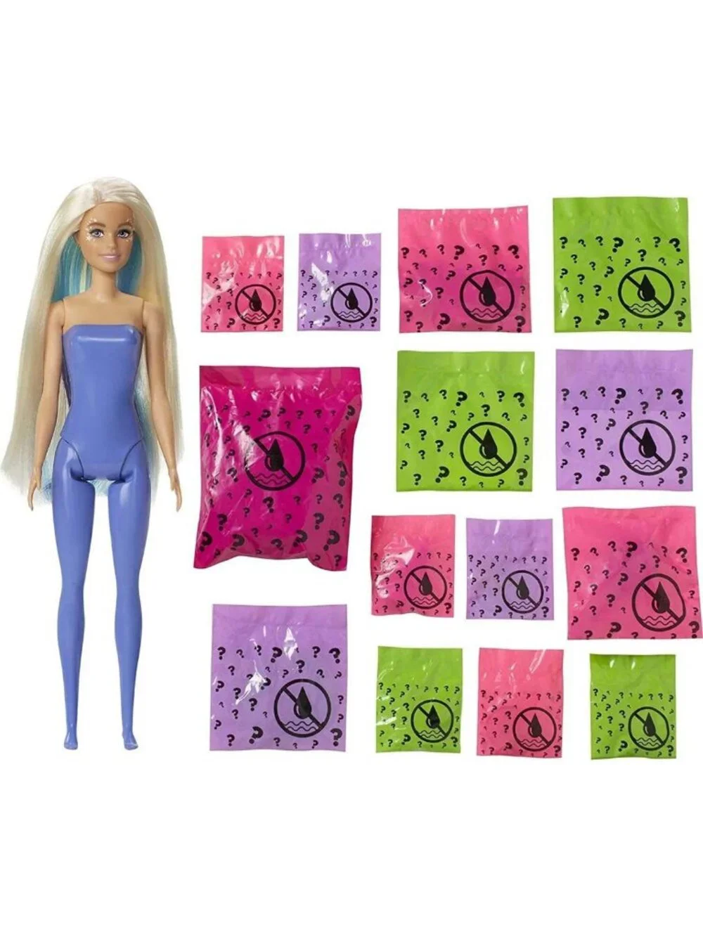 Color Reveal Peel Doll Set with 25 Surprises, Blue Doll & Pet, 16 Mystery Bags